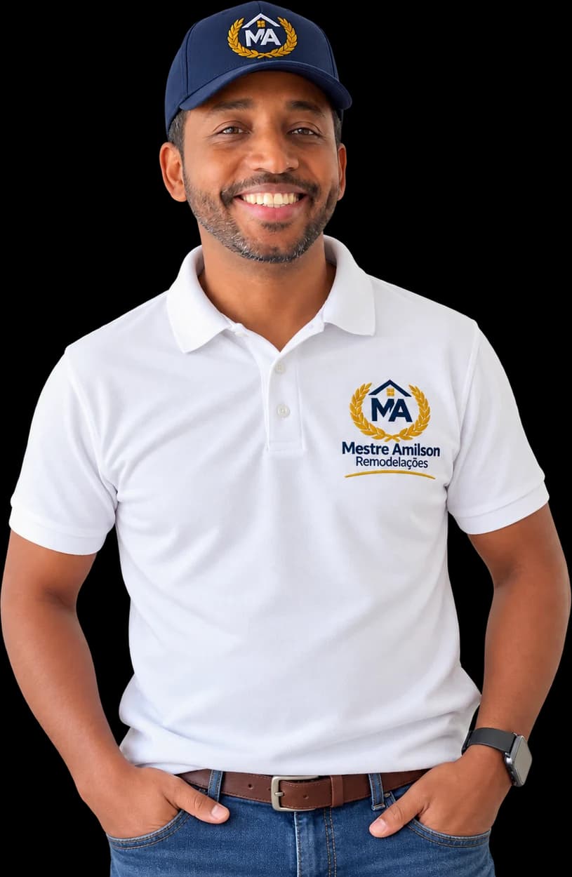 Mestre Amilson, de boné azul e polo branco com o logótipo da marca, a sorrir